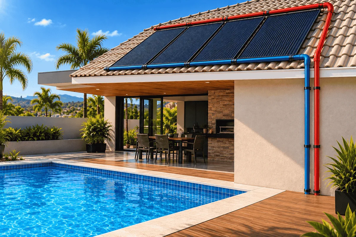 Coletores solares no telhado aquecendo uma piscina