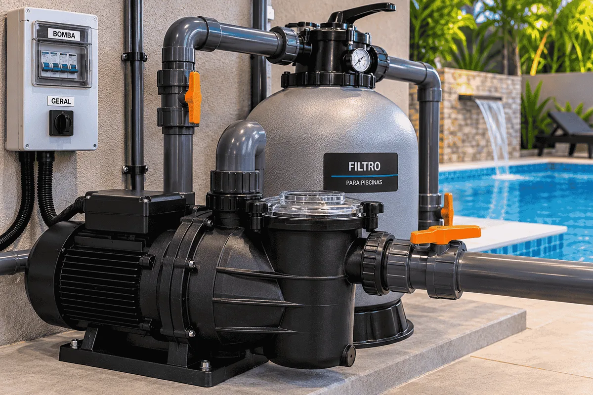Motobomba de filtragem ligada ao filtro de piscina, com quadro de proteção