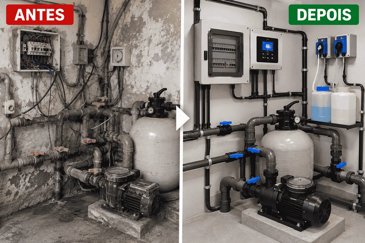 Casa de máquinas antes e depois da reforma elétrica
